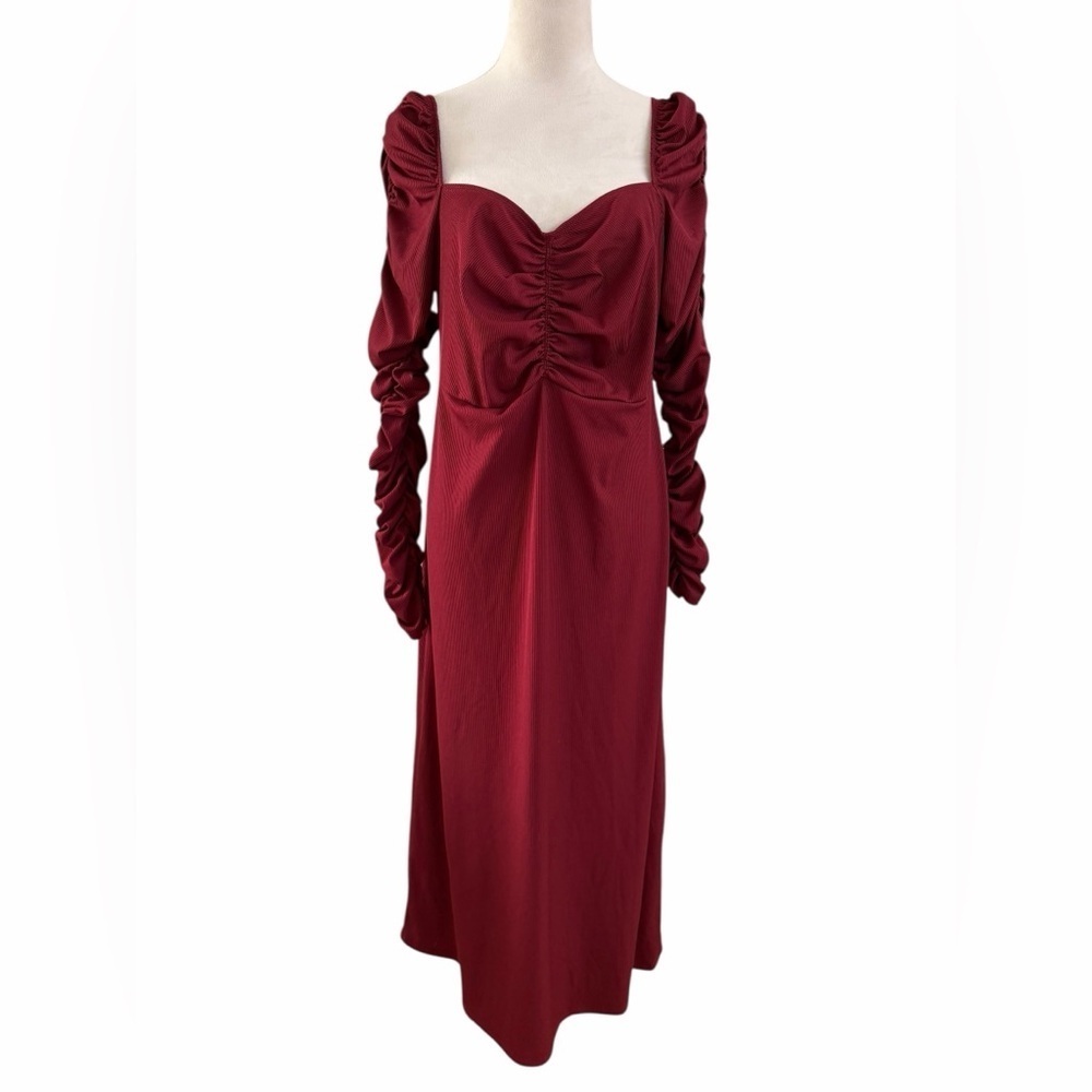 Topshop Burgundy Wine Red Long Rushed Sleeve Heart neckline Dress
